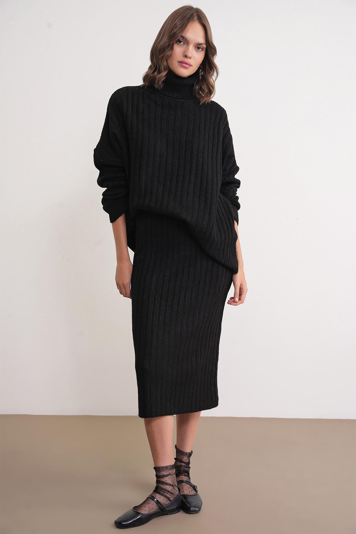 6928 Kadın Fitilli Balıkçı Yaka Triko Kazak Siyah