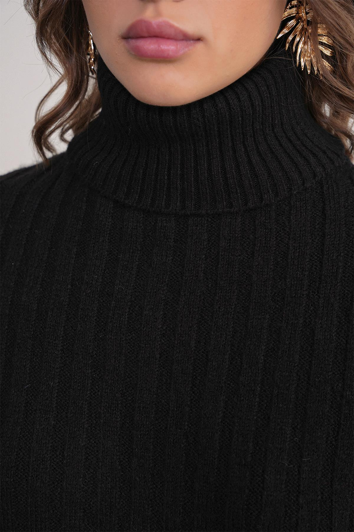 6928 Kadın Fitilli Balıkçı Yaka Triko Kazak Siyah