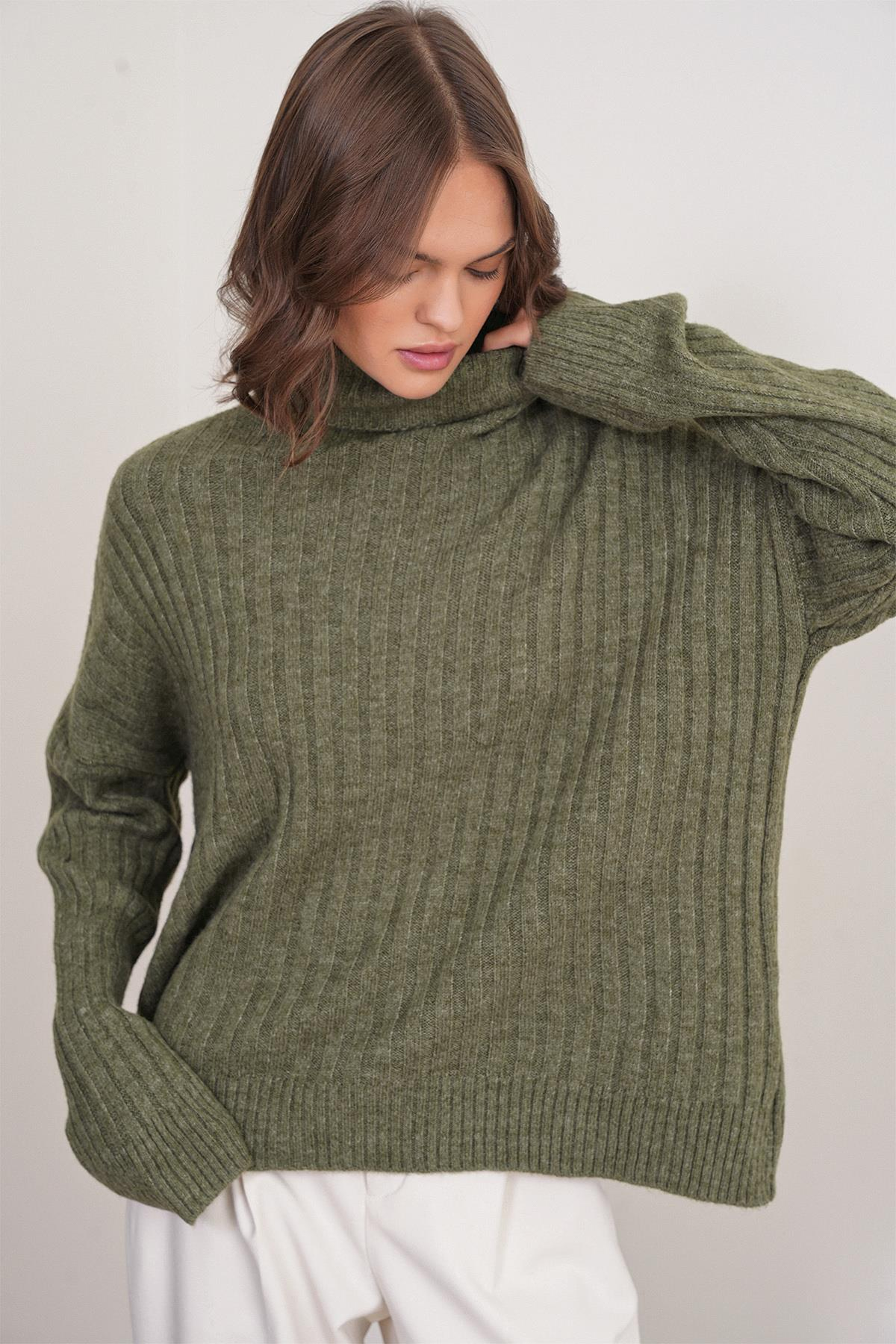 6928 Kadın Fitilli Balıkçı Yaka Triko Kazak Haki