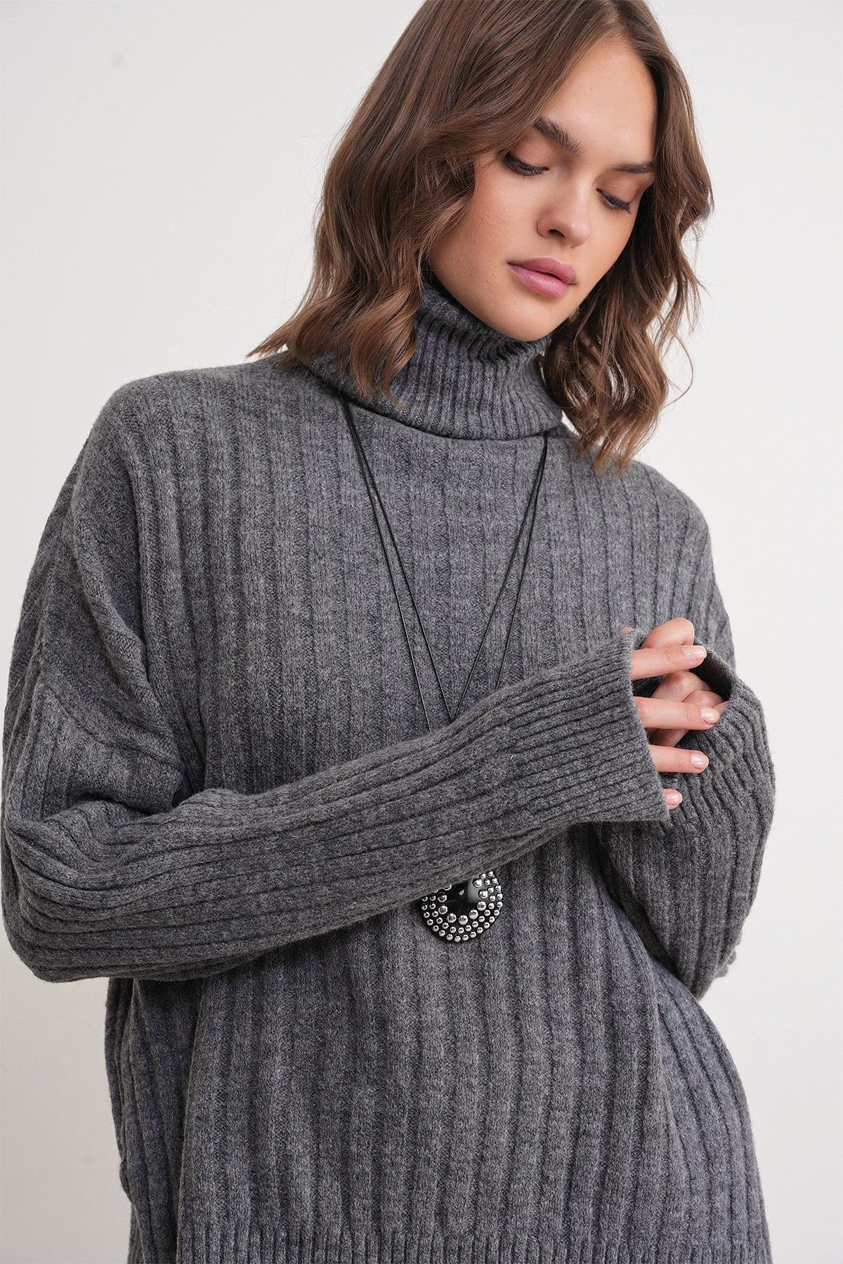 6928 Kadın Fitilli Balıkçı Yaka Triko Kazak Antrasit