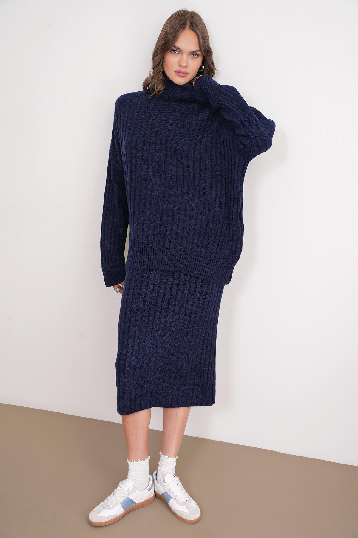 6928 Kadın Fitilli Balıkçı Yaka Triko Kazak Lacivert