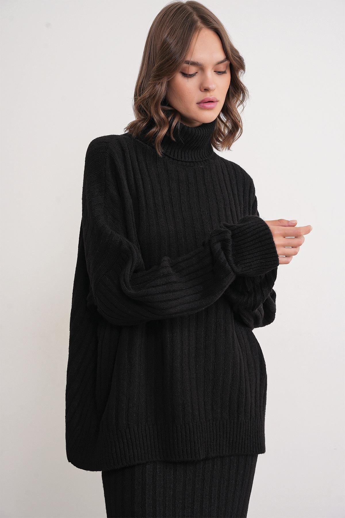 6928 Kadın Fitilli Balıkçı Yaka Triko Kazak Siyah