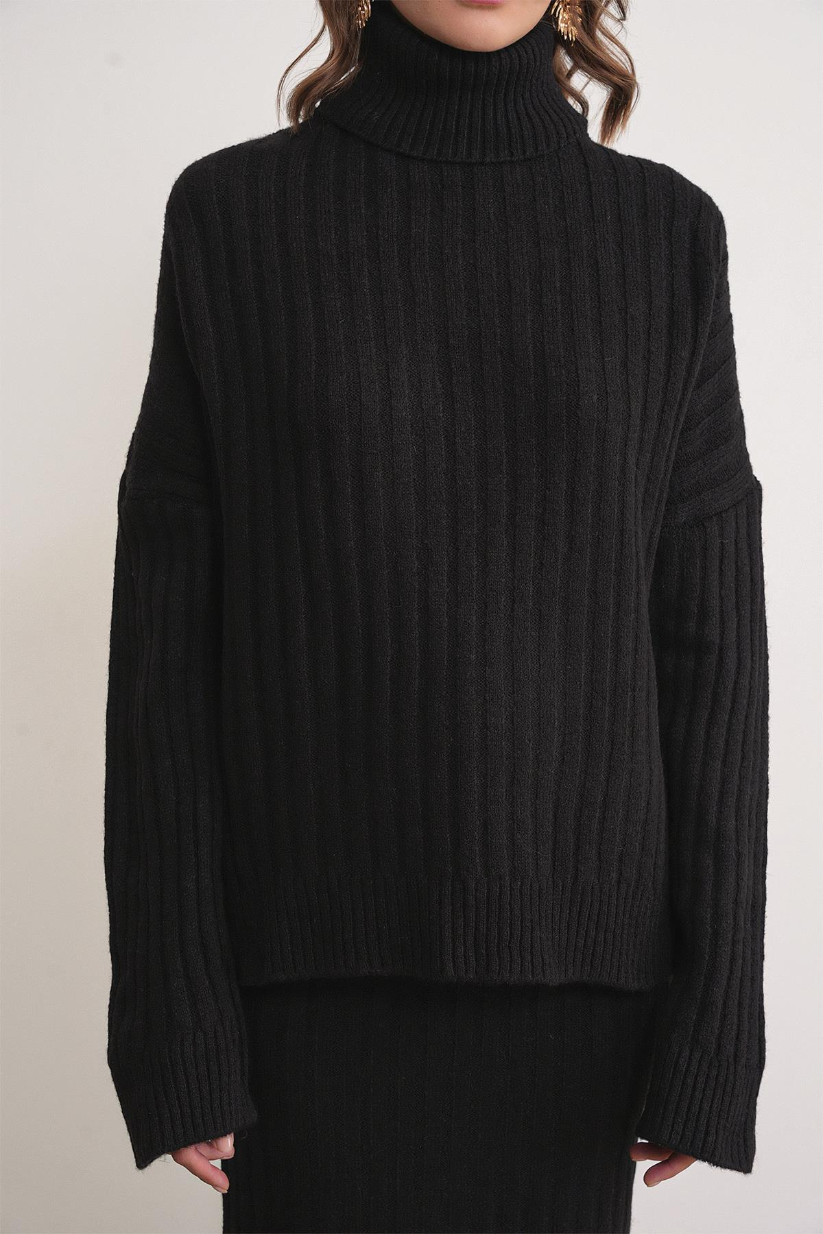 6928 Kadın Fitilli Balıkçı Yaka Triko Kazak Siyah