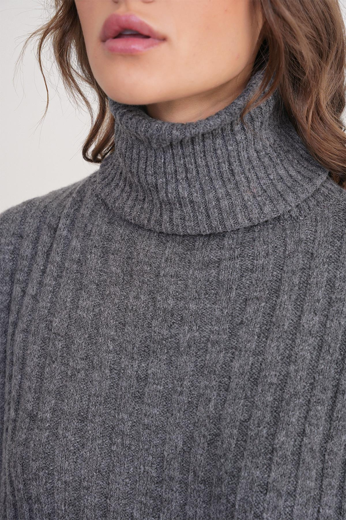 6928 Kadın Fitilli Balıkçı Yaka Triko Kazak Antrasit