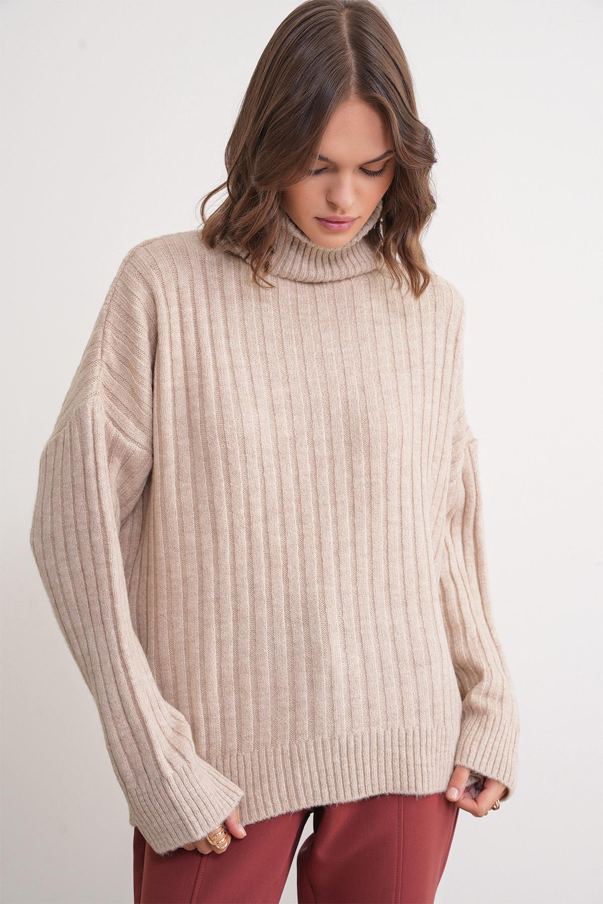 6928 Kadın Fitilli Balıkçı Yaka Triko Kazak Vizon