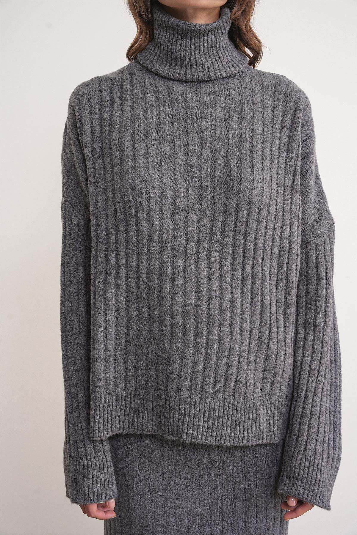 6928 Kadın Fitilli Balıkçı Yaka Triko Kazak Antrasit