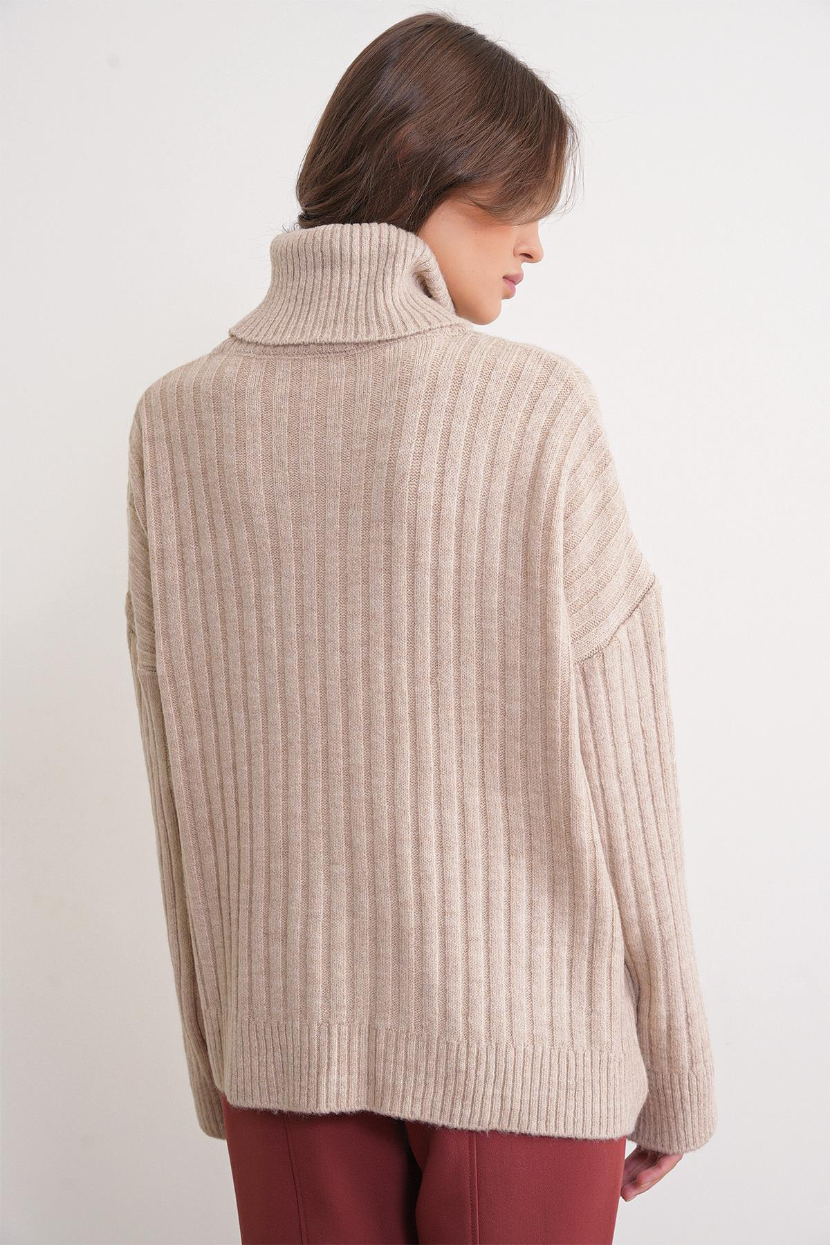 6928 Kadın Fitilli Balıkçı Yaka Triko Kazak Vizon