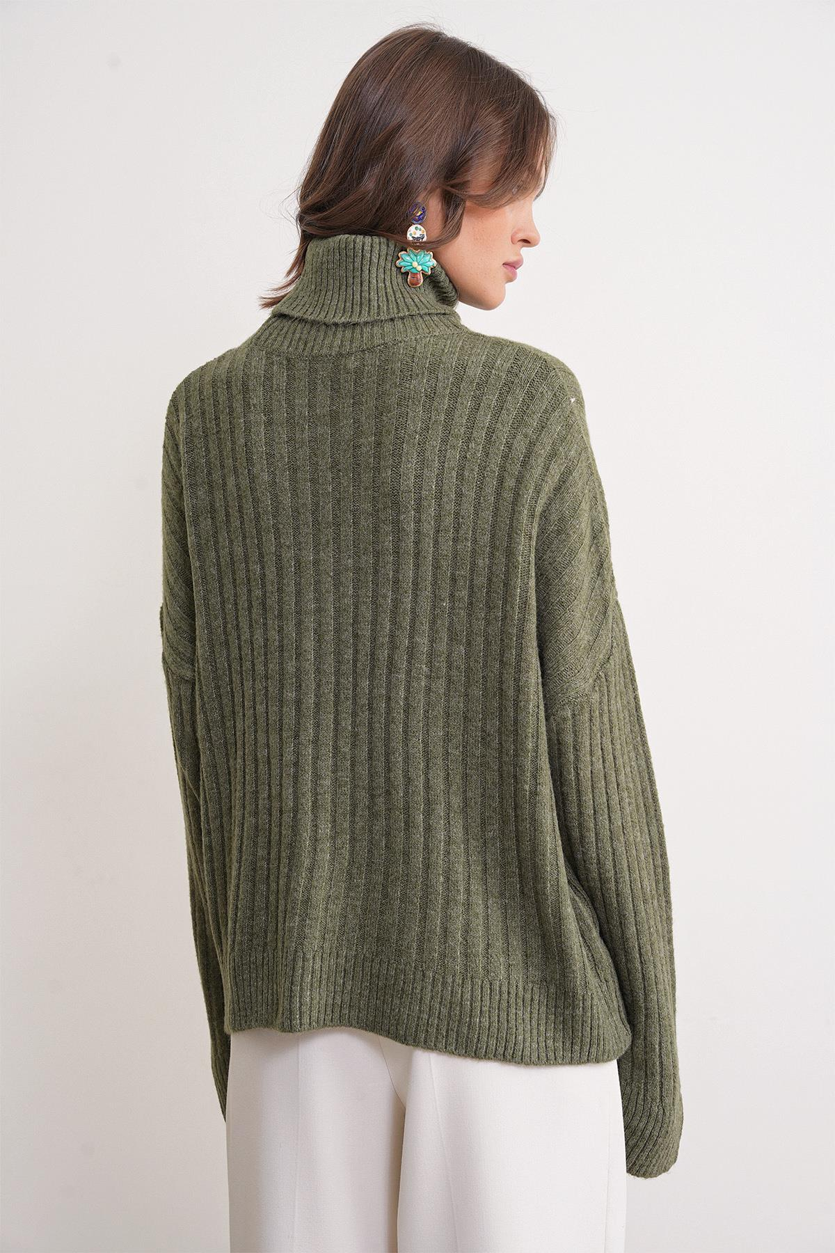 6928 Kadın Fitilli Balıkçı Yaka Triko Kazak Haki