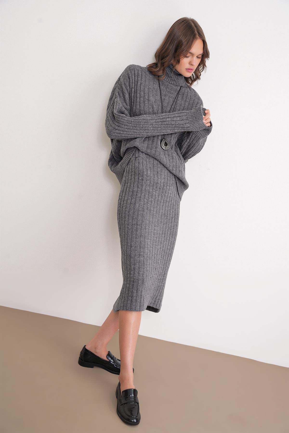 6929 Kadın Fitilli Triko Etek Antrasit