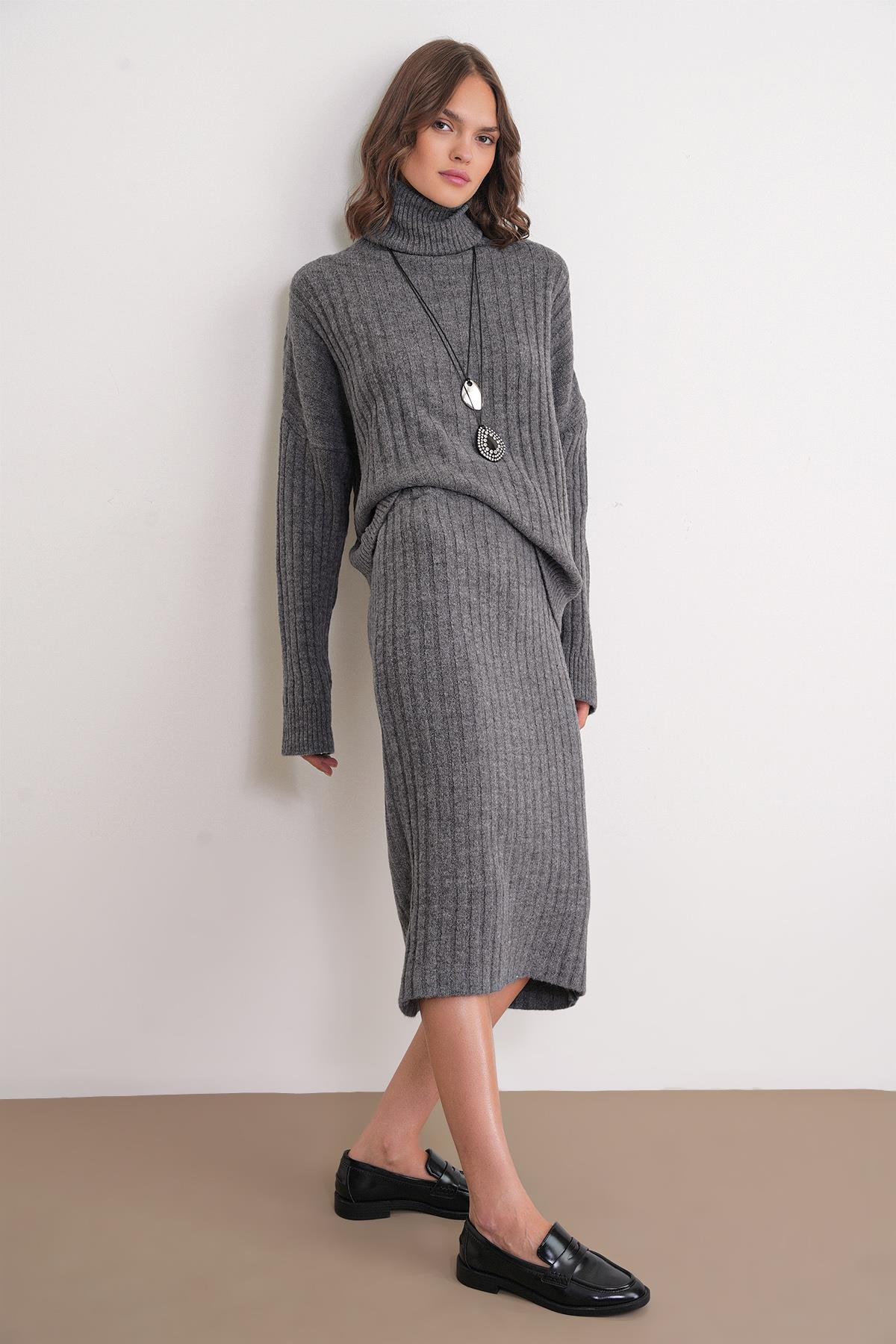 6929 Kadın Fitilli Triko Etek Antrasit