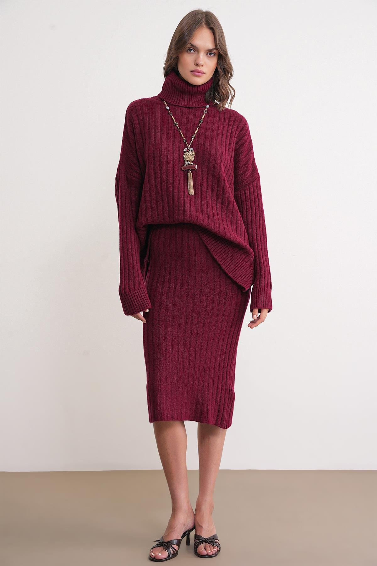 6929 Kadın Fitilli Triko Etek Bordo