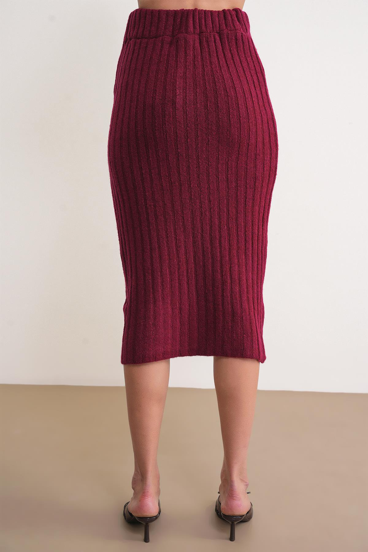 6929 Kadın Fitilli Triko Etek Bordo