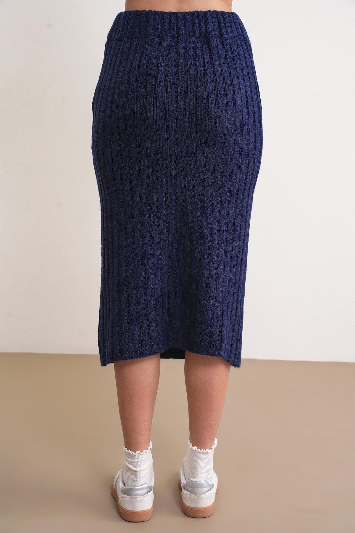 6929 Kadın Fitilli Triko Etek Lacivert
