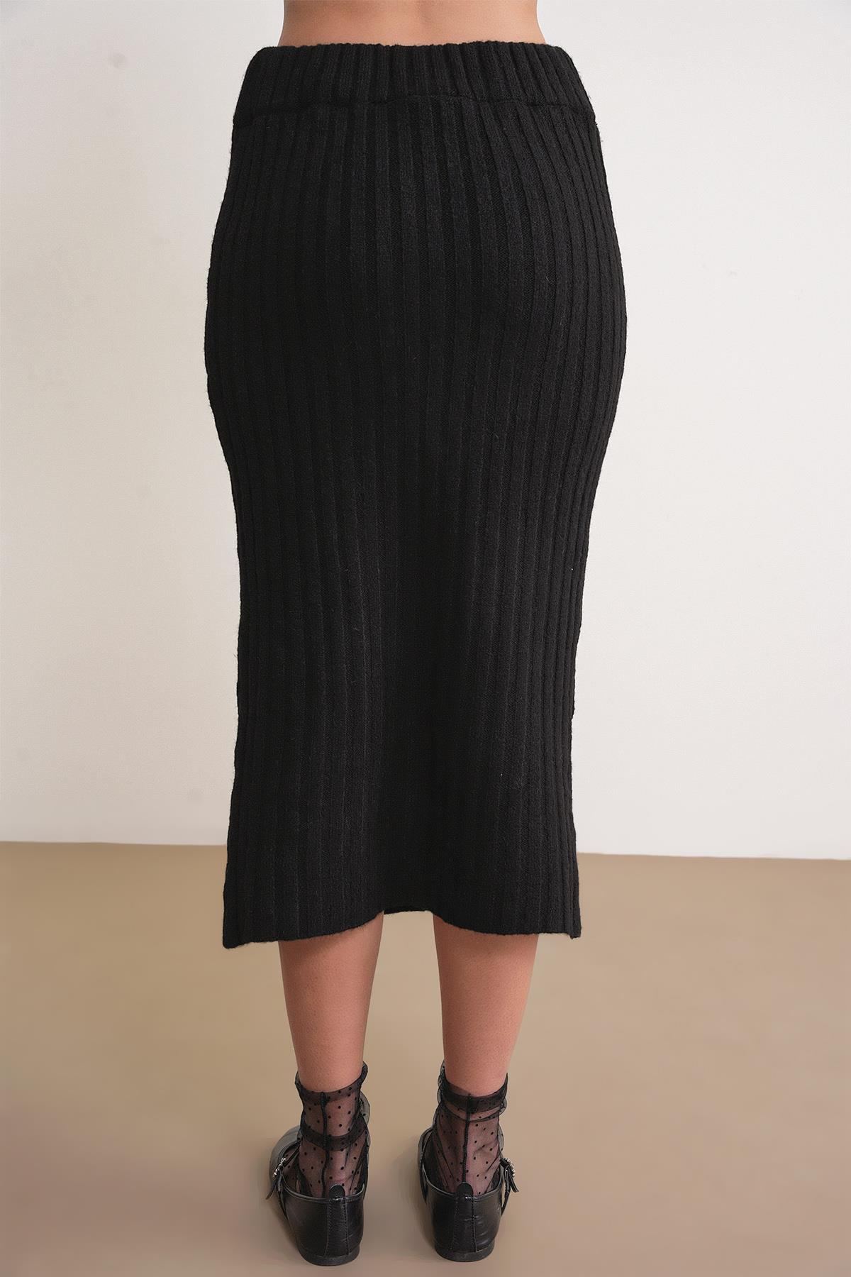 6929 Kadın Fitilli Triko Etek Siyah