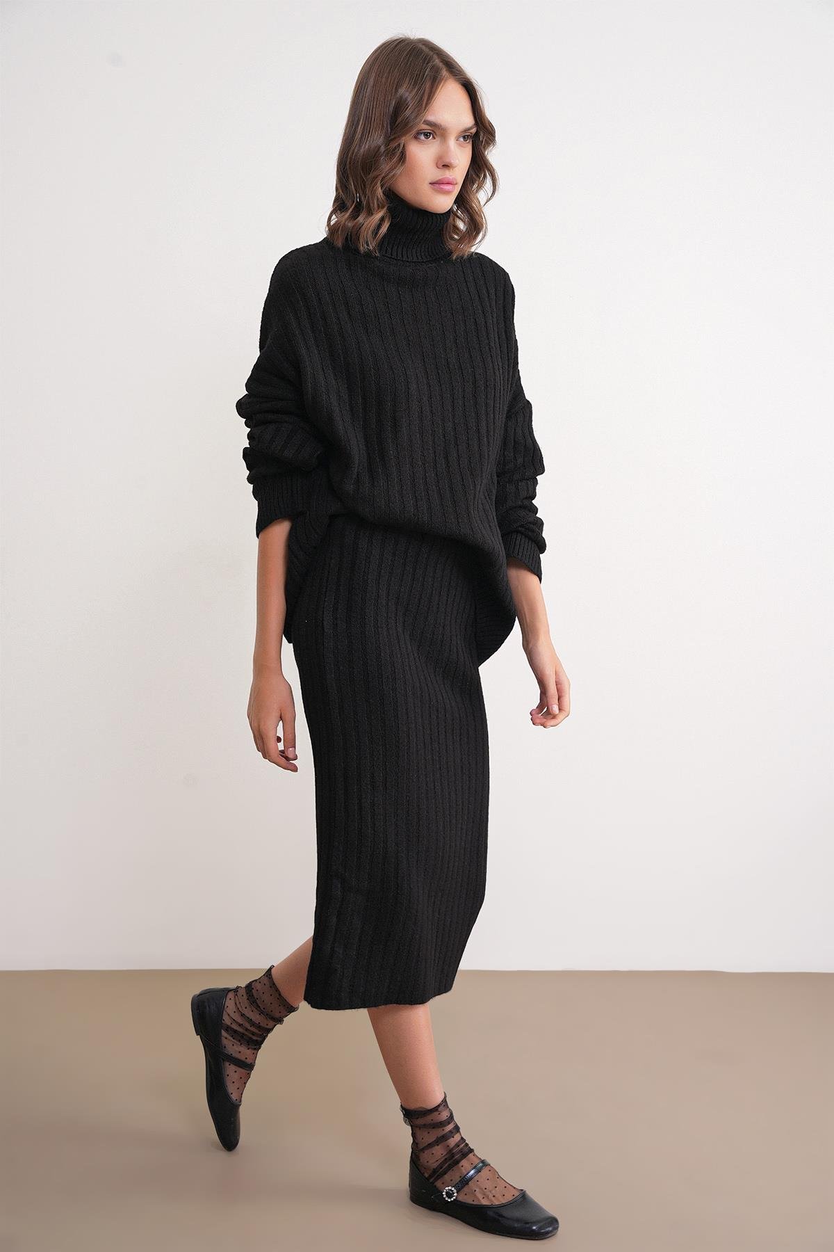 6929 Kadın Fitilli Triko Etek Siyah