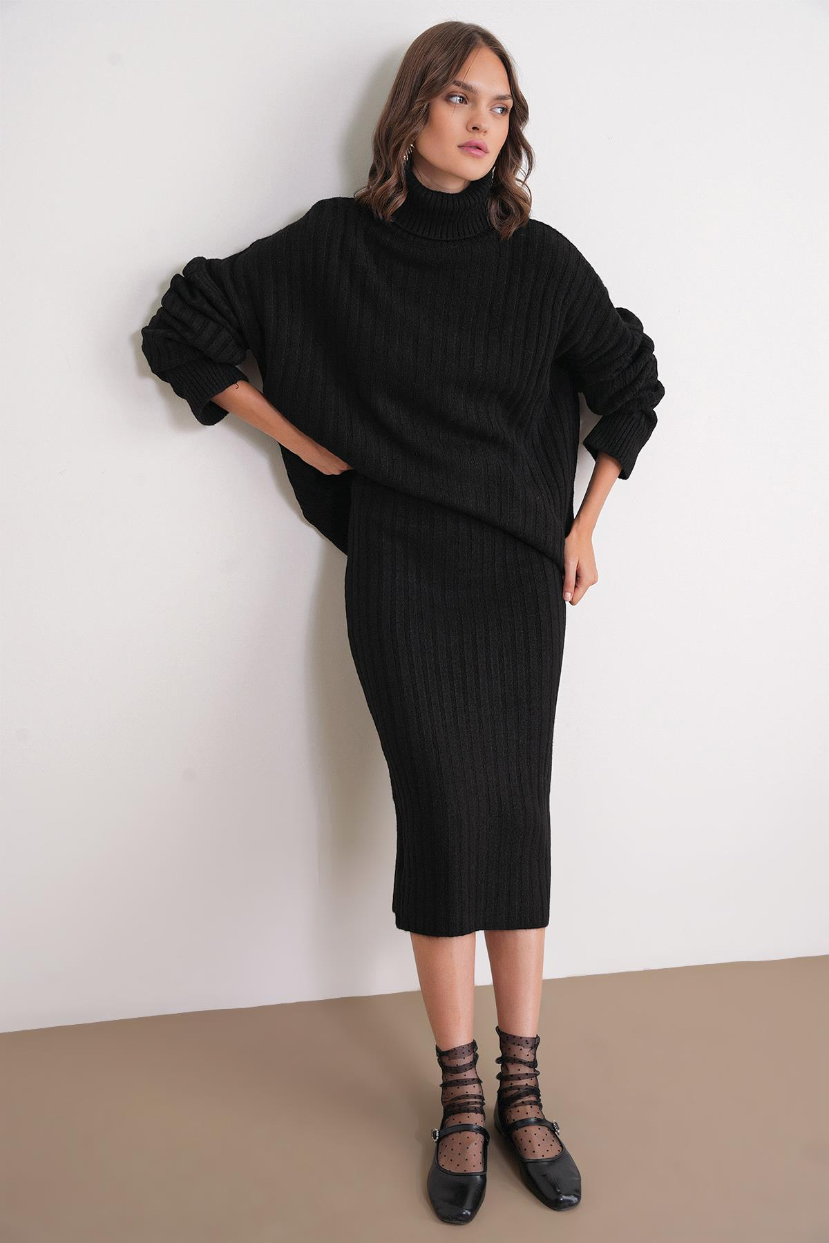 6929 Kadın Fitilli Triko Etek Siyah