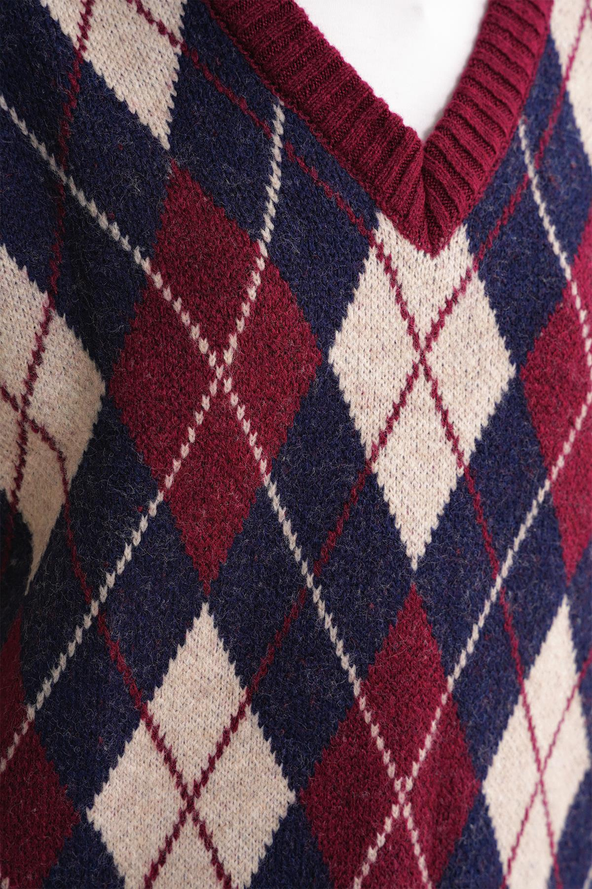 6930 Kadın Baklava Desenli Triko Süveter Bordo