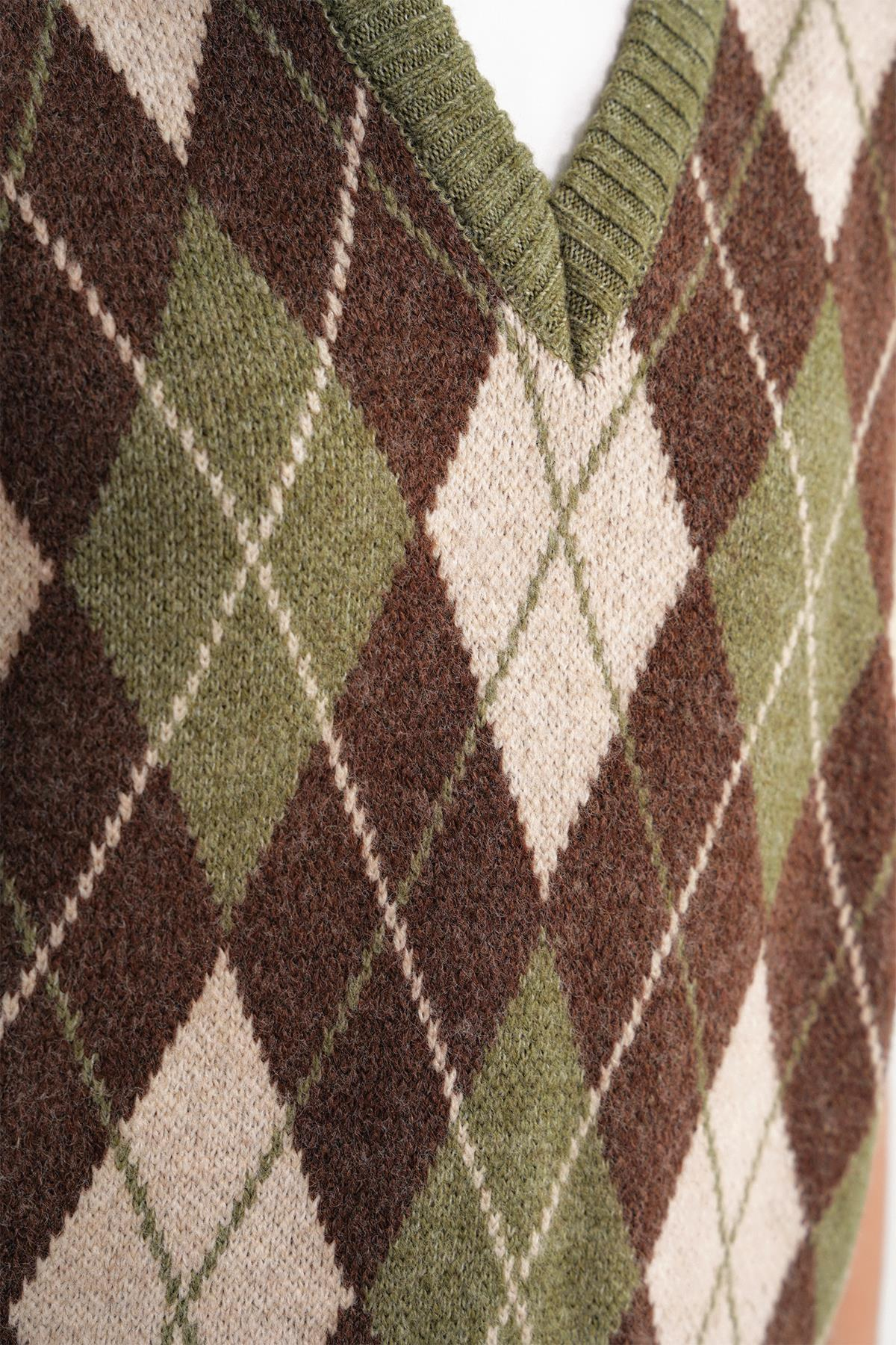 6930 Kadın Baklava Desenli Triko Süveter Haki