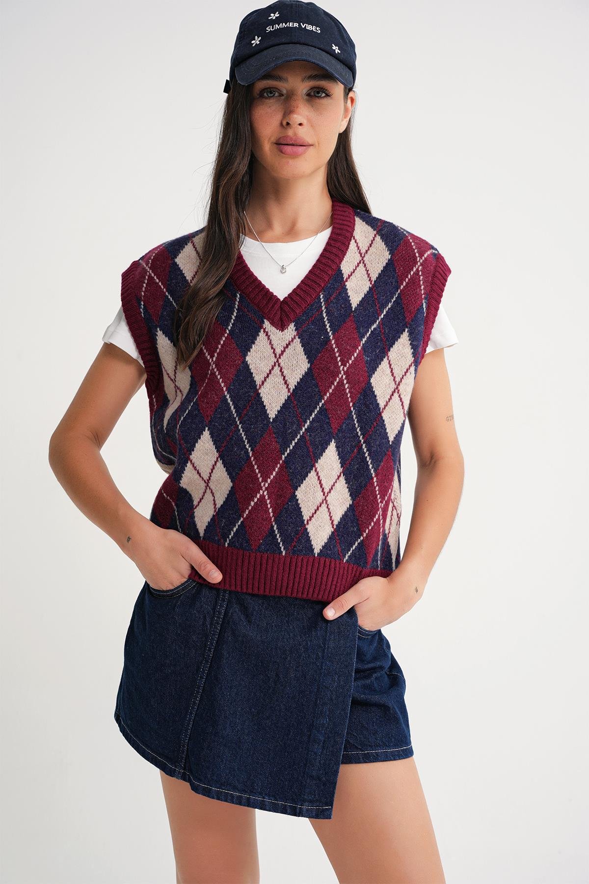 6930 Kadın Baklava Desenli Triko Süveter Bordo