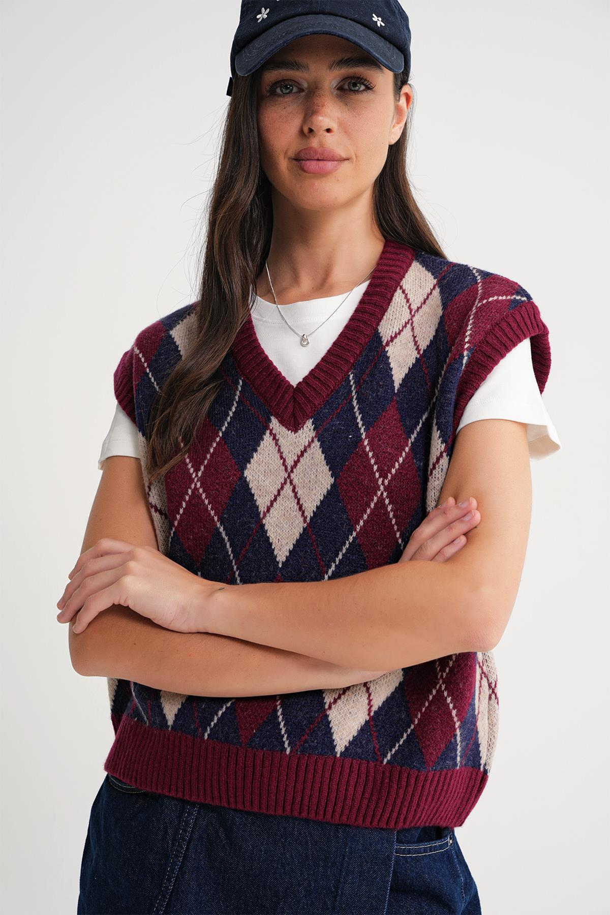 6930 Kadın Baklava Desenli Triko Süveter Bordo