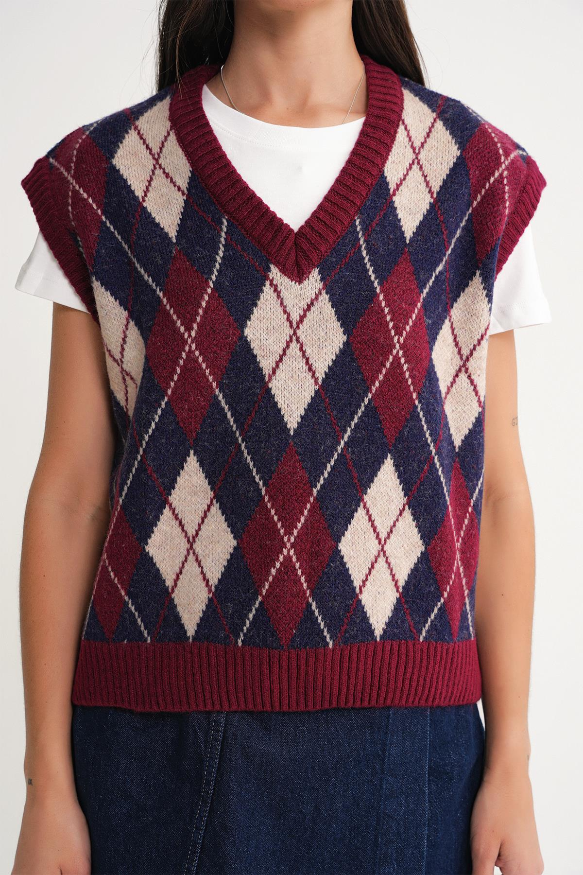 6930 Kadın Baklava Desenli Triko Süveter Bordo