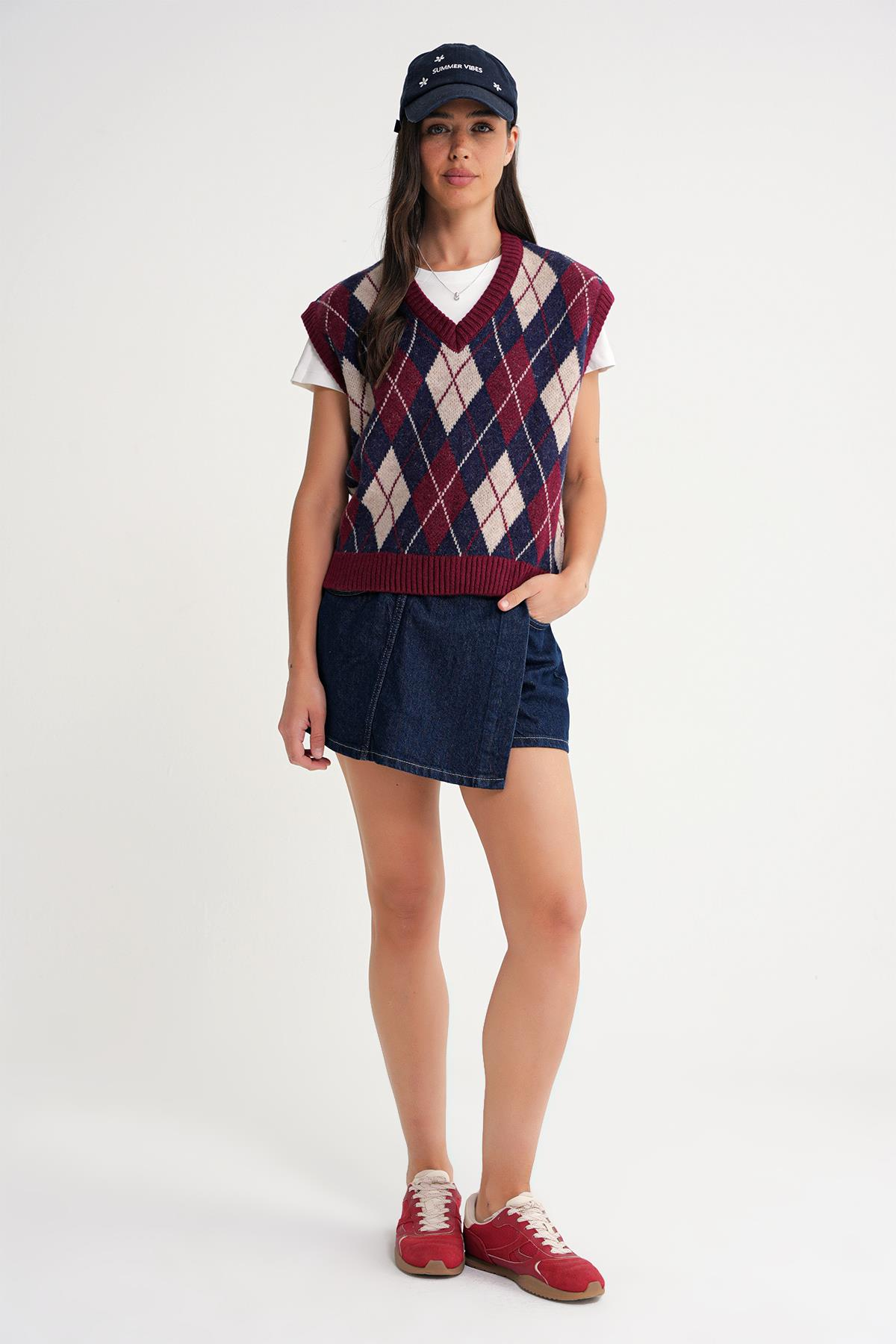 6930 Kadın Baklava Desenli Triko Süveter Bordo