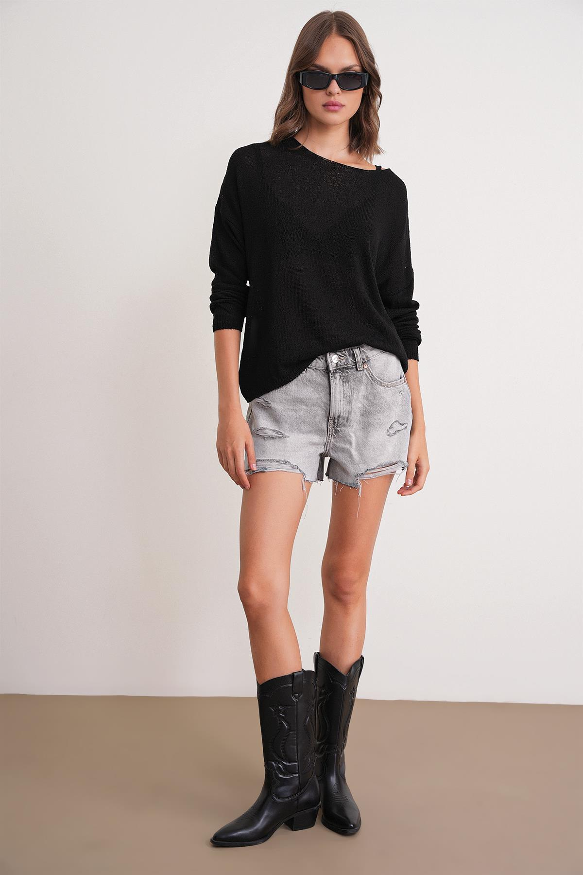 6933 Kadın Kayık Yaka İnce Mevsimlik Triko Kazak Siyah