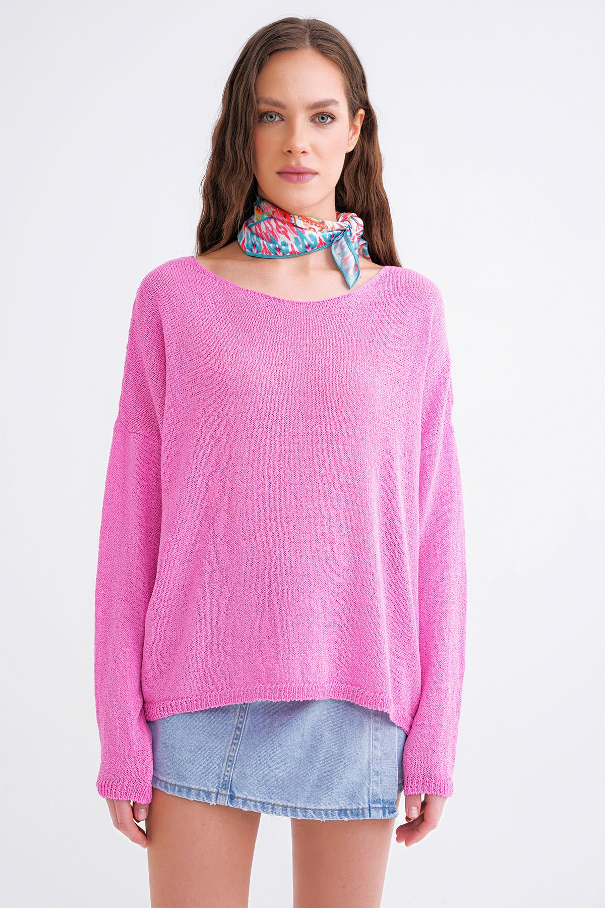 6933 Kadın Kayık Yaka İnce Mevsimlik Triko Kazak Pembe