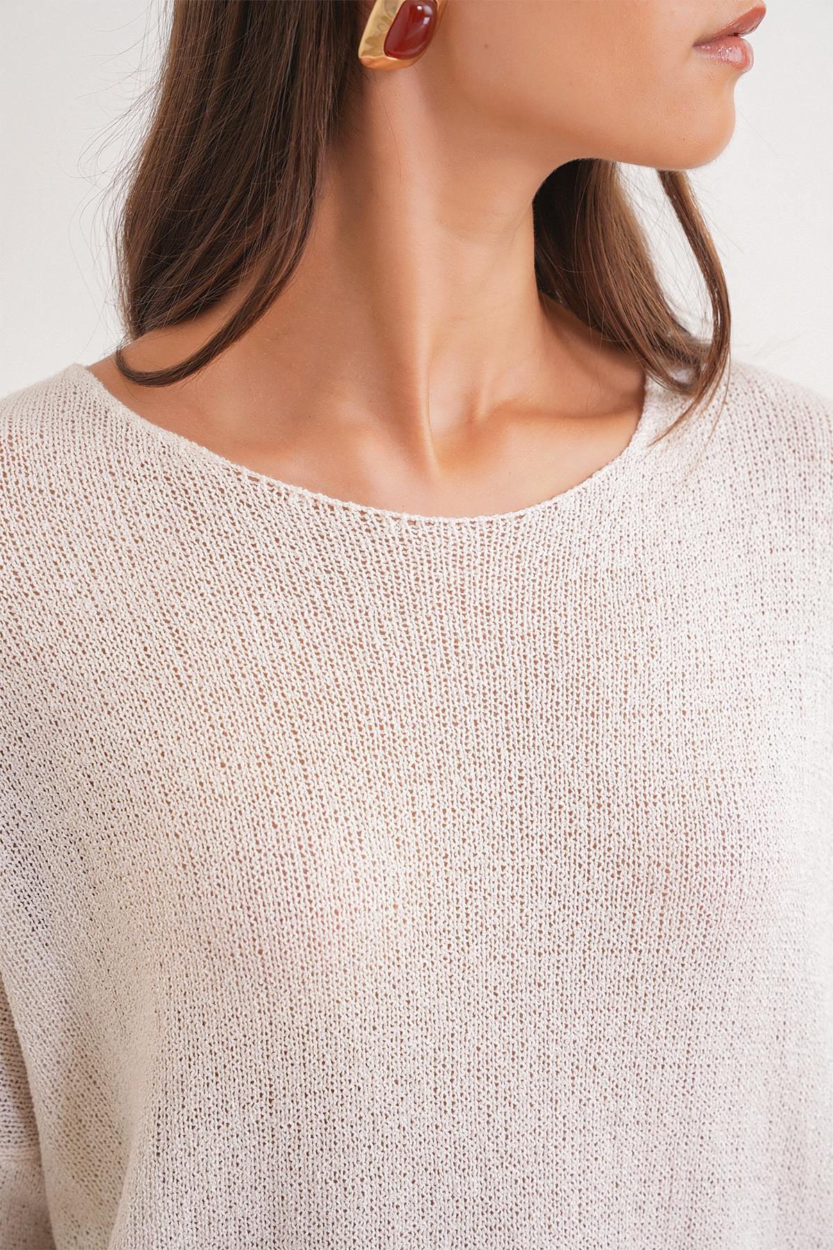 6933 Kadın Kayık Yaka İnce Mevsimlik Triko Kazak Kum Beji