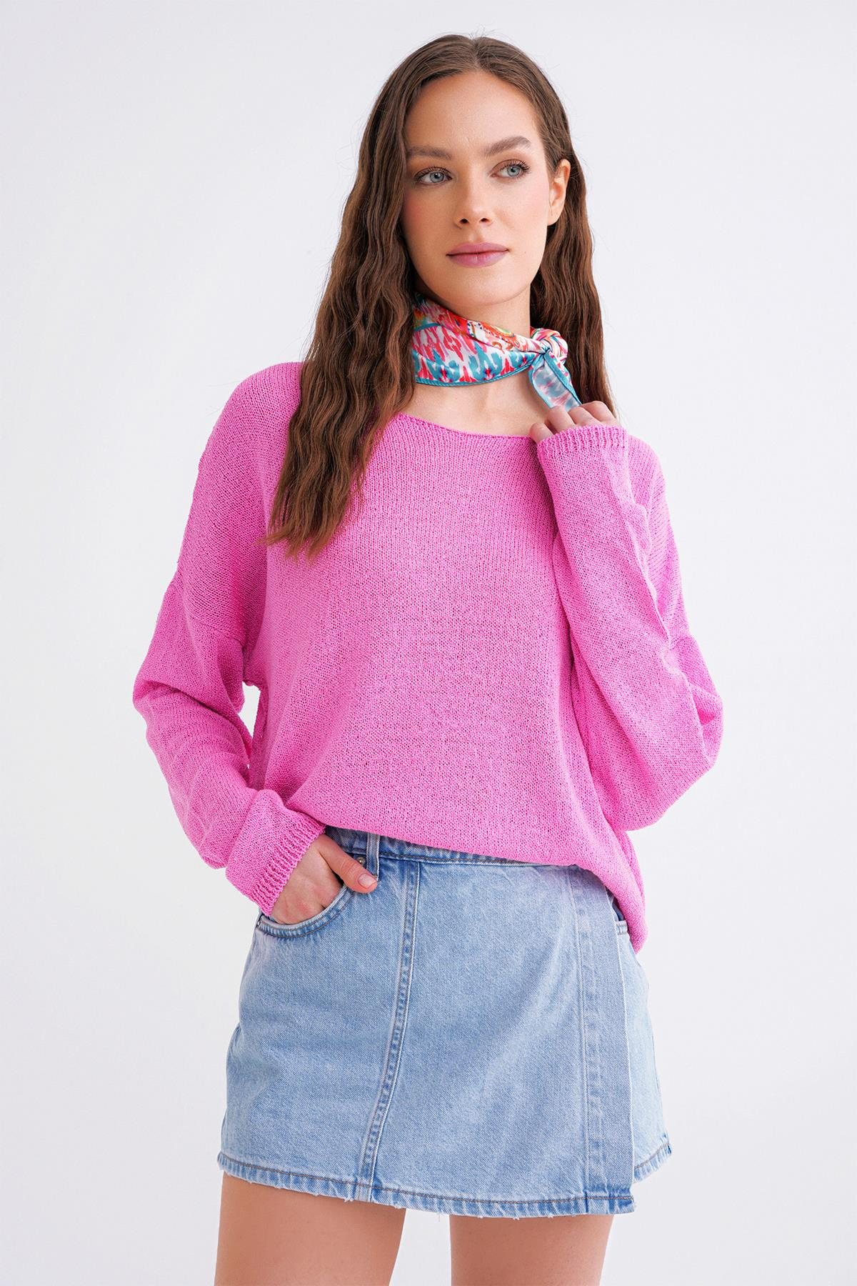 6933 Kadın Kayık Yaka İnce Mevsimlik Triko Kazak Pembe