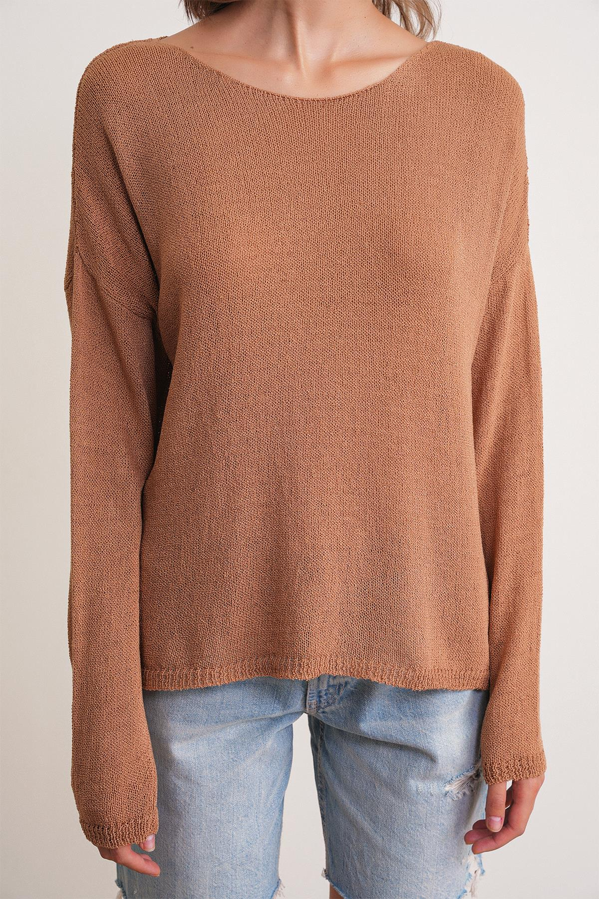 6933 Kadın Kayık Yaka İnce Mevsimlik Triko Kazak Camel