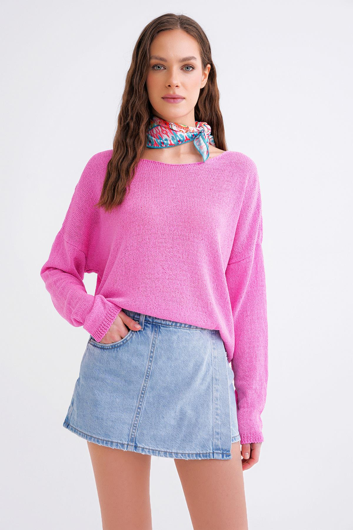 6933 Kadın Kayık Yaka İnce Mevsimlik Triko Kazak Pembe