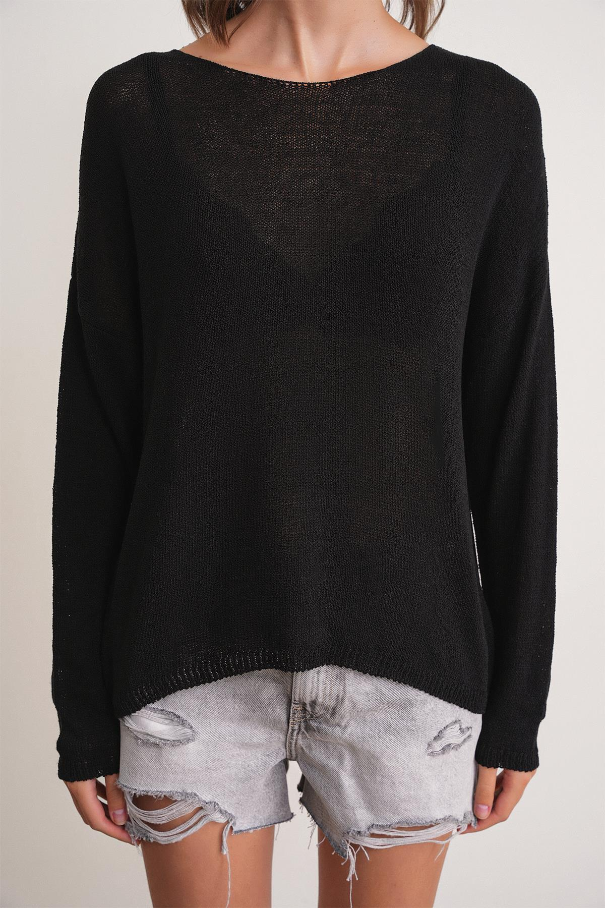 6933 Kadın Kayık Yaka İnce Mevsimlik Triko Kazak Siyah