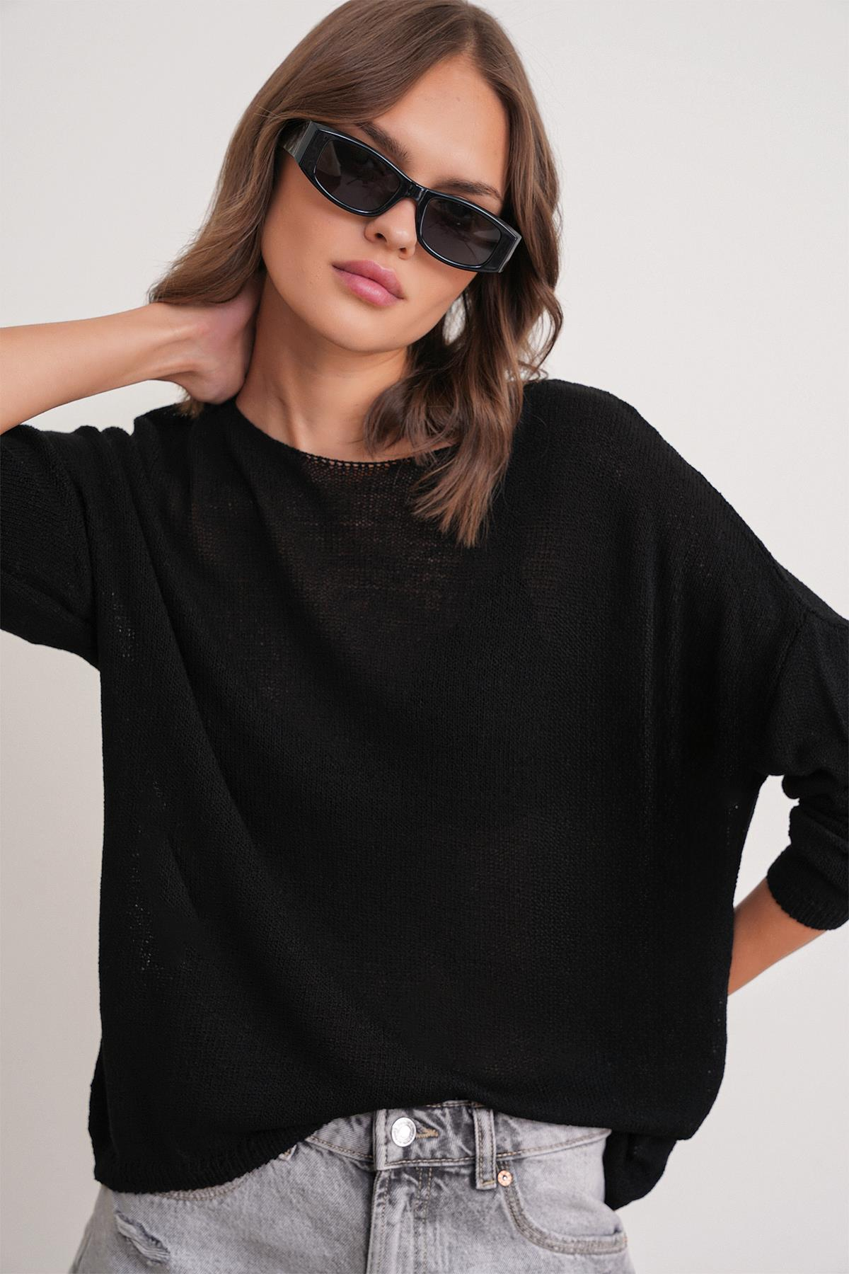 6933 Kadın Kayık Yaka İnce Mevsimlik Triko Kazak Siyah