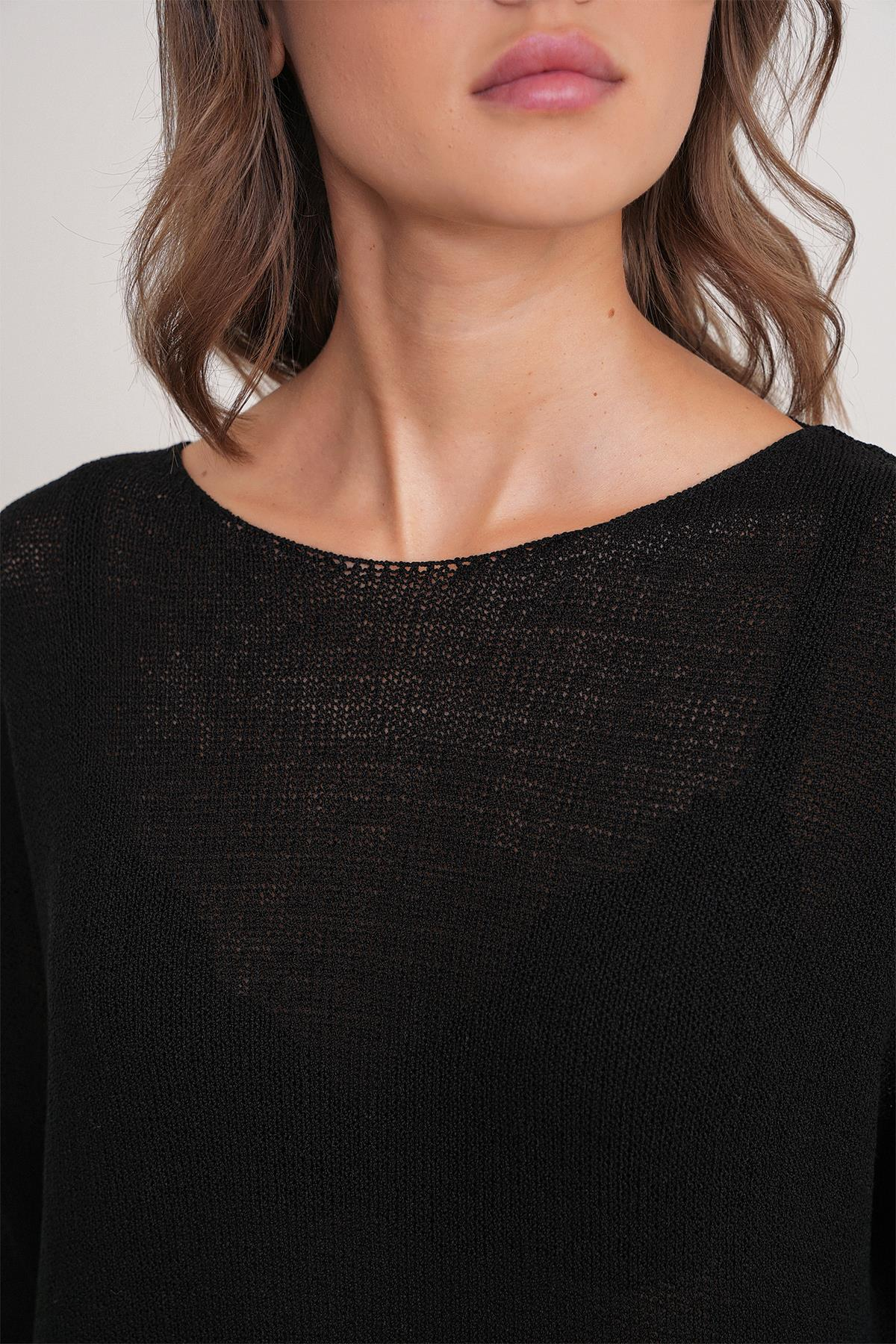 6933 Kadın Kayık Yaka İnce Mevsimlik Triko Kazak Siyah