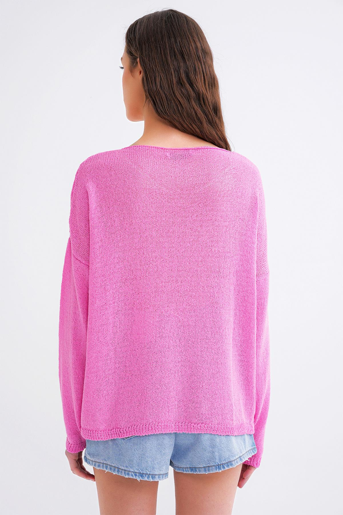 6933 Kadın Kayık Yaka İnce Mevsimlik Triko Kazak Pembe