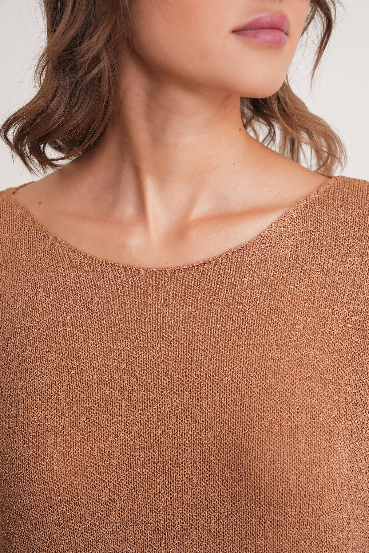 6933 Kadın Kayık Yaka İnce Mevsimlik Triko Kazak Camel