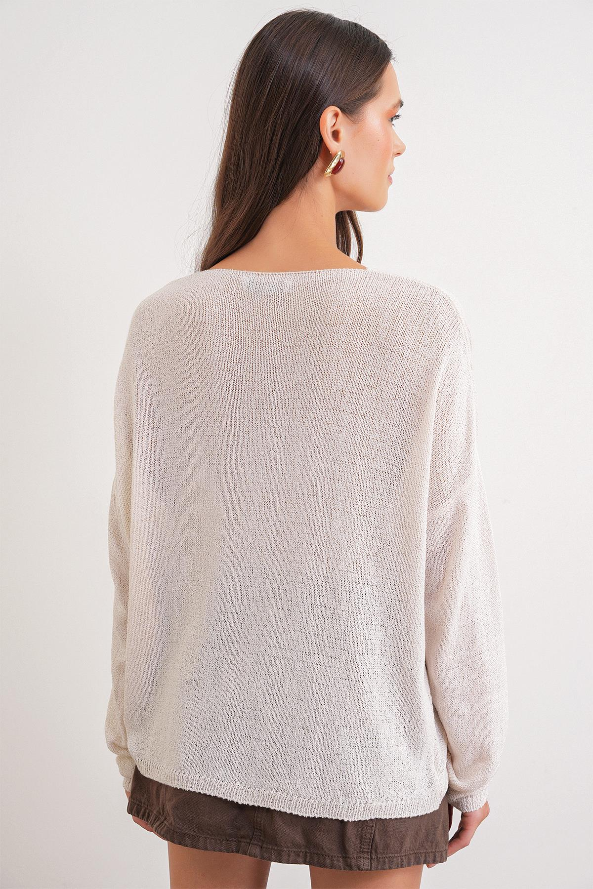 6933 Kadın Kayık Yaka İnce Mevsimlik Triko Kazak Kum Beji