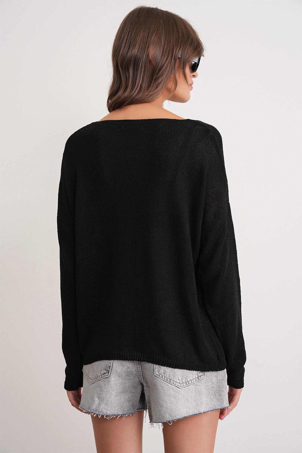 6933 Kadın Kayık Yaka İnce Mevsimlik Triko Kazak Siyah