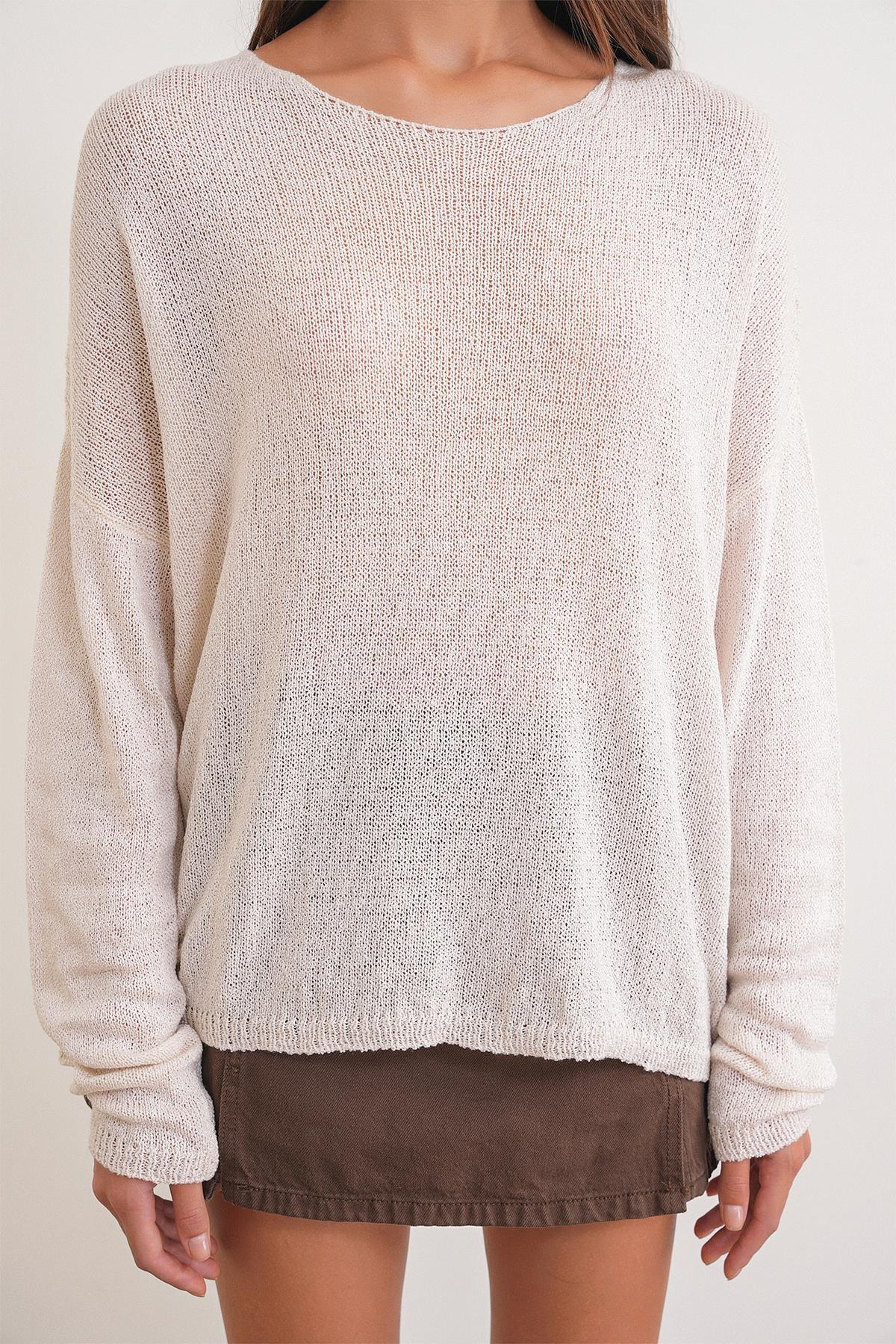 6933 Kadın Kayık Yaka İnce Mevsimlik Triko Kazak Kum Beji