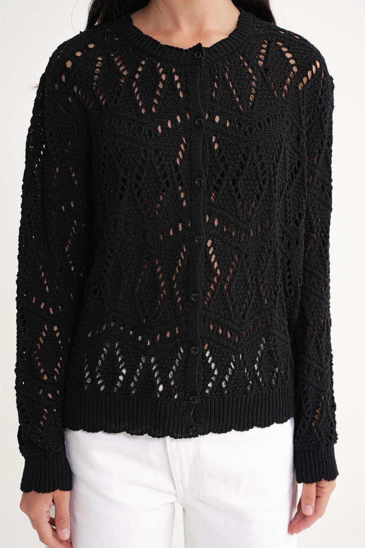 6934 Kadın Baklava Desenli Mevsimlik Ajurlu Hırka Siyah