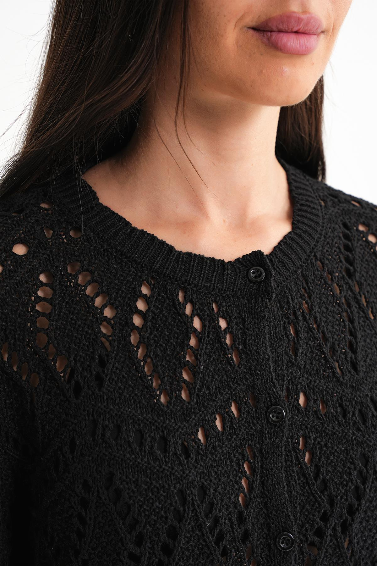 6934 Kadın Baklava Desenli Mevsimlik Ajurlu Hırka Siyah