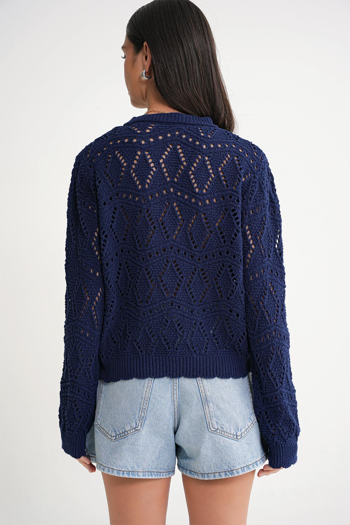 6934 Kadın Baklava Desenli Mevsimlik Ajurlu Hırka Lacivert