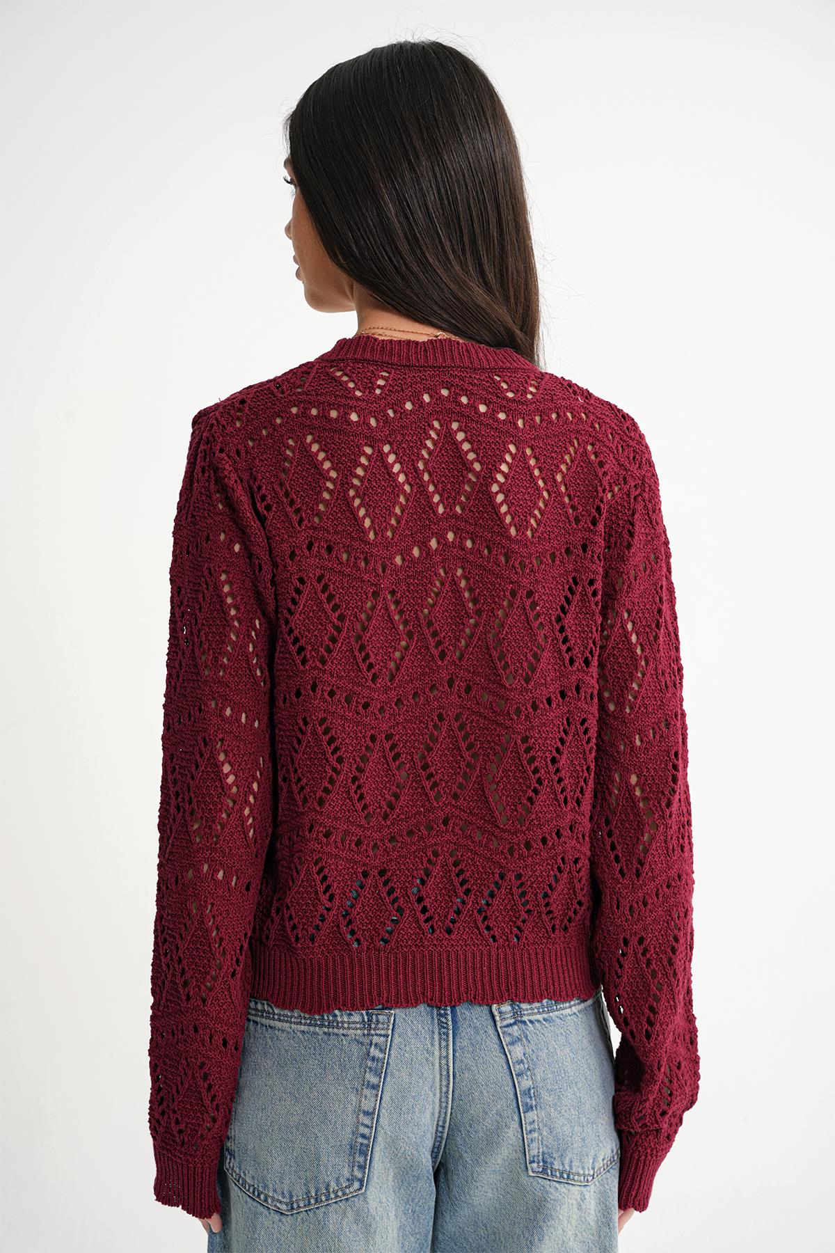 6934 Kadın Baklava Desenli Mevsimlik Ajurlu Hırka Bordo