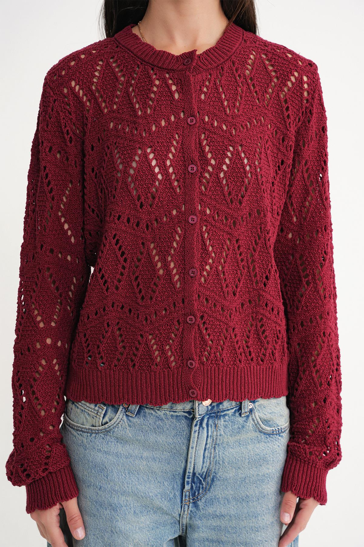 6934 Kadın Baklava Desenli Mevsimlik Ajurlu Hırka Bordo