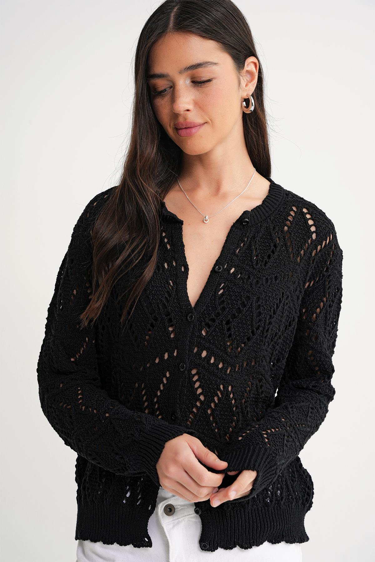 6934 Kadın Baklava Desenli Mevsimlik Ajurlu Hırka Siyah