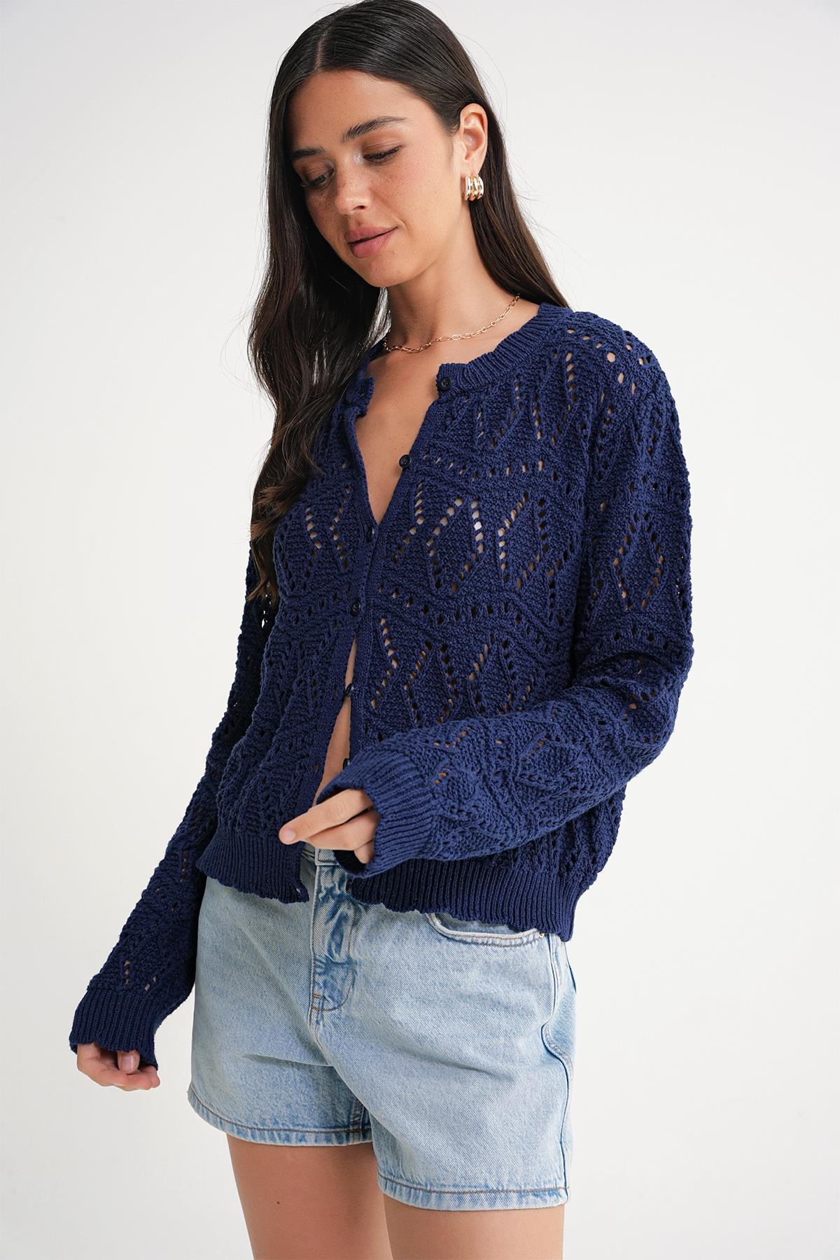 6934 Kadın Baklava Desenli Mevsimlik Ajurlu Hırka Lacivert