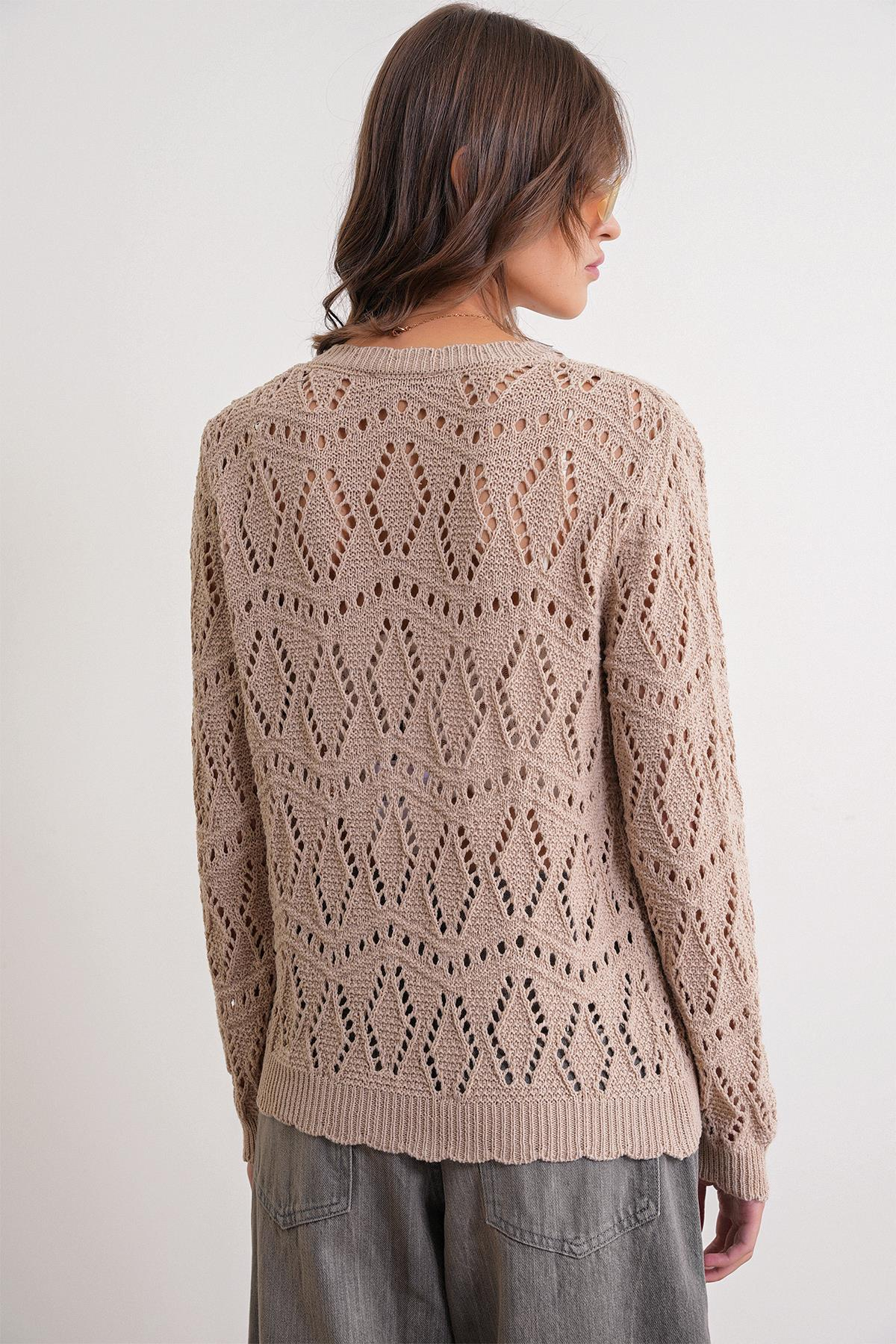 6934 Kadın Baklava Desenli Mevsimlik Ajurlu Hırka Camel