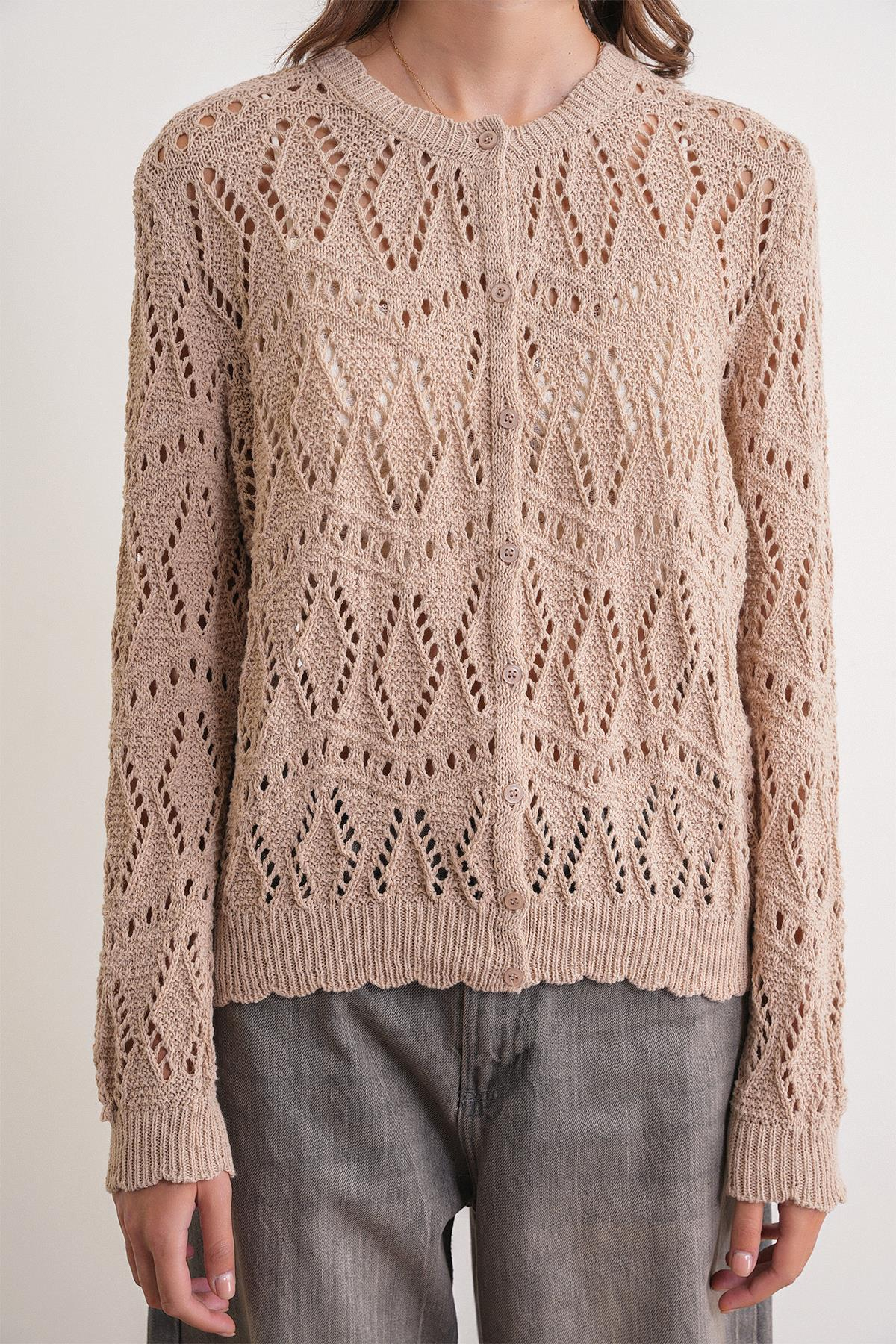 6934 Kadın Baklava Desenli Mevsimlik Ajurlu Hırka Camel