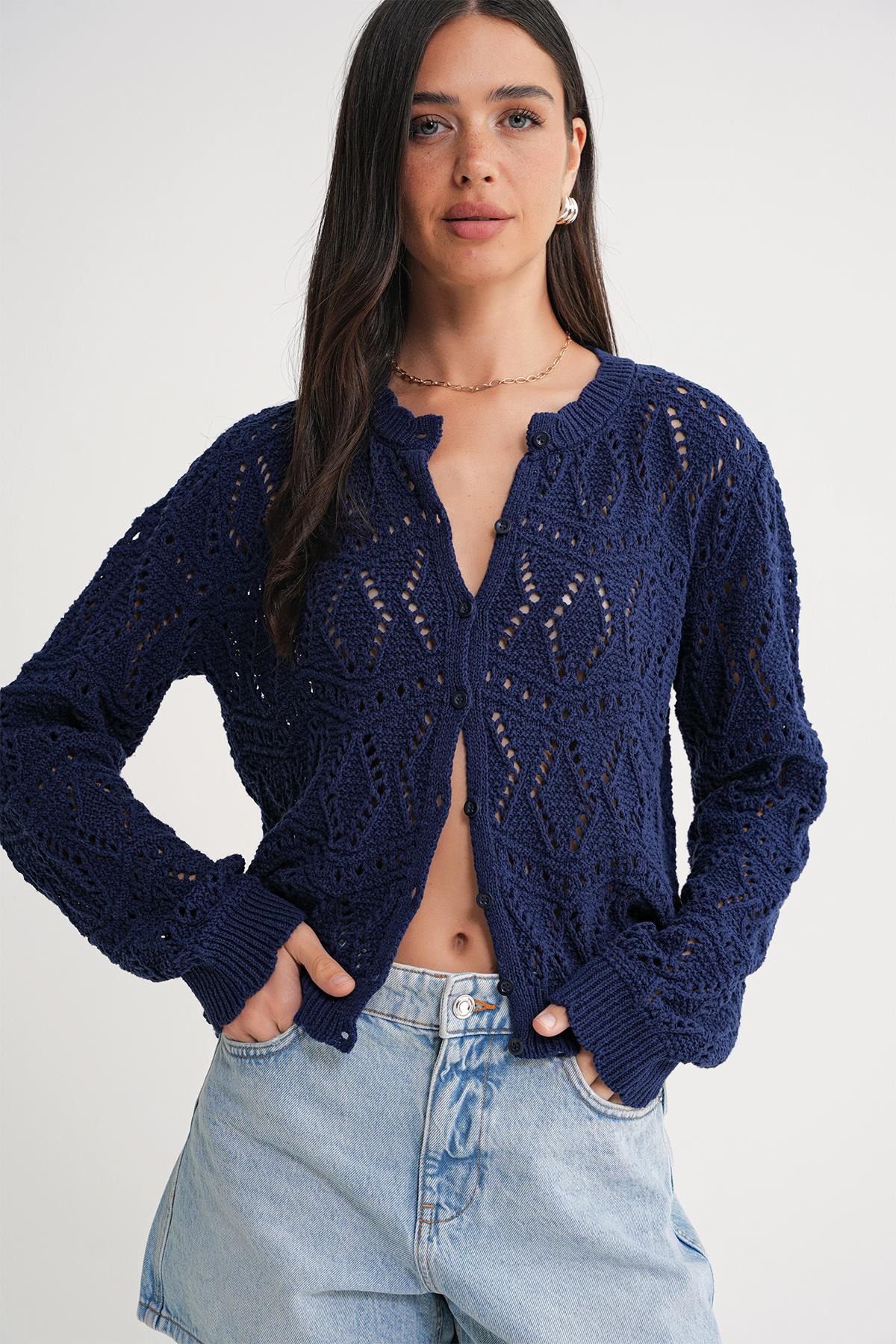 6934 Kadın Baklava Desenli Mevsimlik Ajurlu Hırka Lacivert